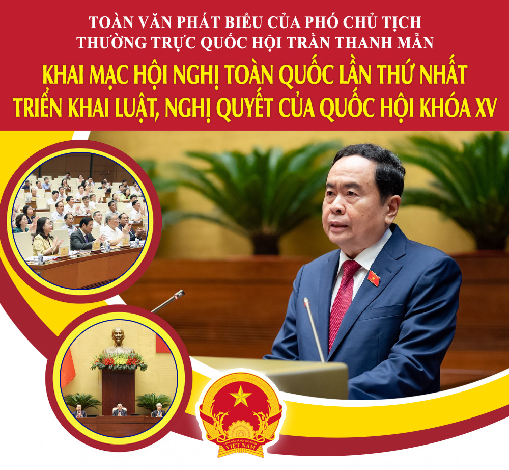 TOÀN VĂN PHÁT BIỂU CỦA PHÓ CHỦ TỊCH THƯỜNG TRỰC QUỐC HỘI TRẦN THANH MẪN KHAI MẠC HỘI NGHỊ TOÀN QUỐC LẦN THỨ NHẤT TRIỂN KHAI LUẬT, NGHỊ QUYẾT CỦA QUỐC HỘI KHÓA XV